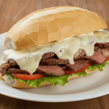 Lanche de churrasco com queijo e salada